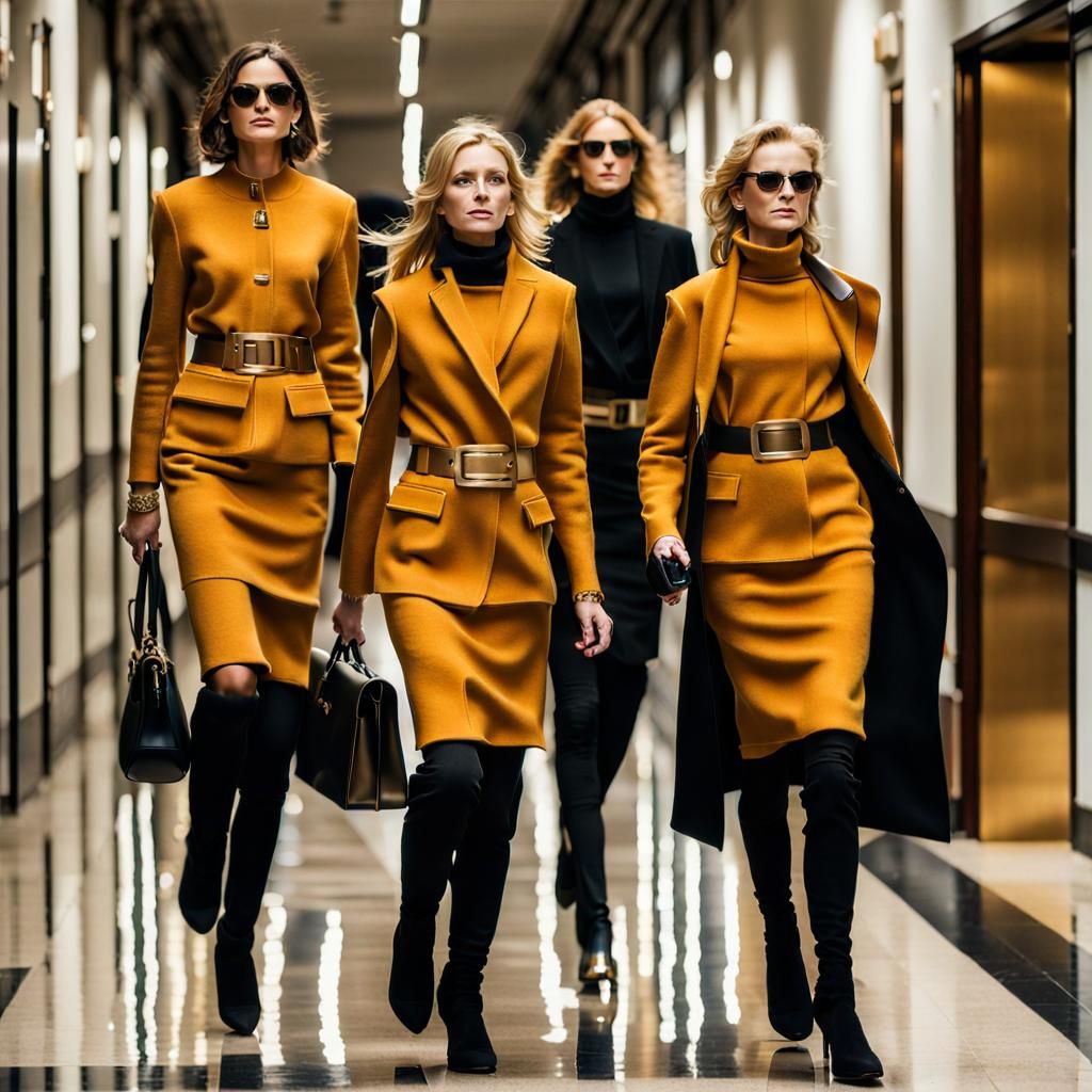 Three Businesswomen Model Elegant Gold Cashmere Suits in Cor...