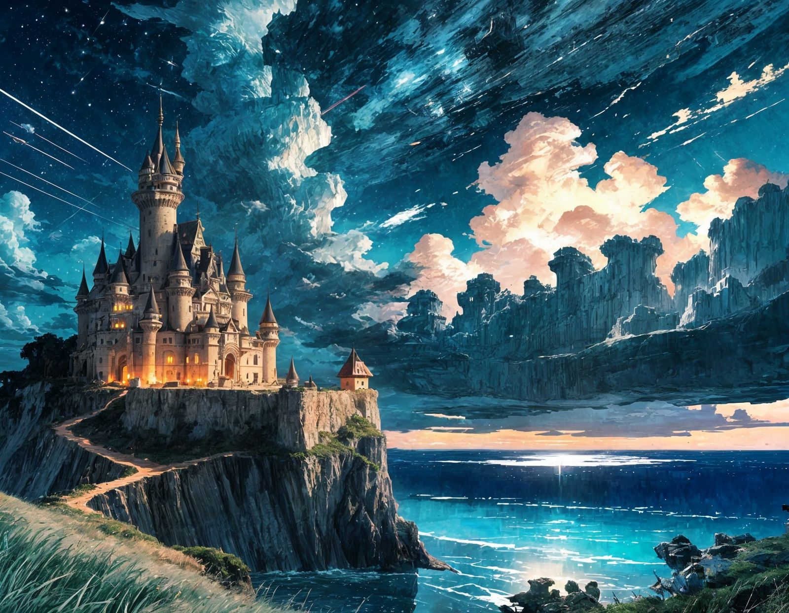 Manga-Inspired Castle Perched on a Hillside at Twilight