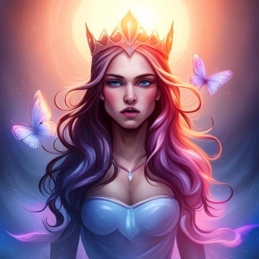 Goddess in Vibrant Colors with Glowing Crown and Butterflies