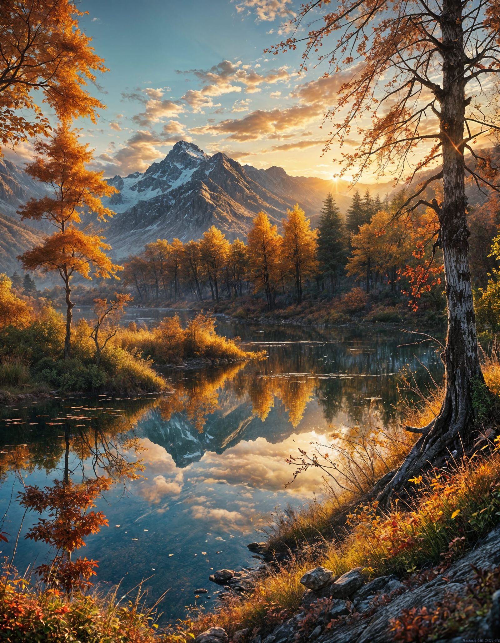 Autumn Landscape in Impressive Oil Painting Style with Drama...