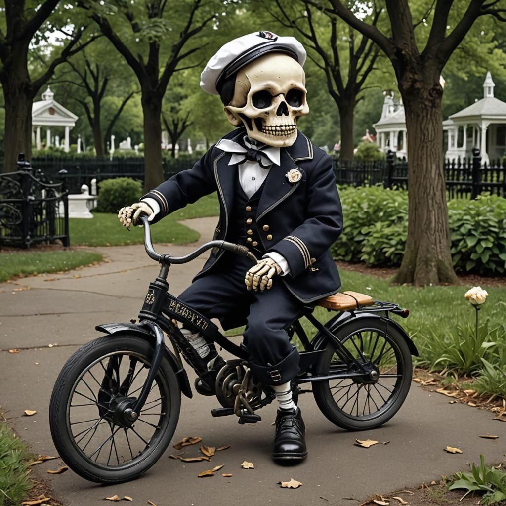 Victorian Gothic Boy Rides Bike in Sinister Public Garden