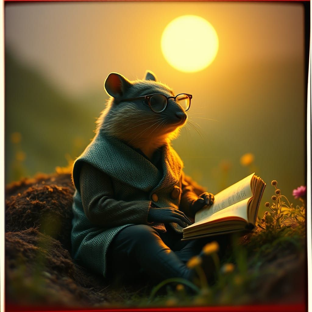 Mole in Tweed Waistcoat Reads by Moonlit Mole Hill
