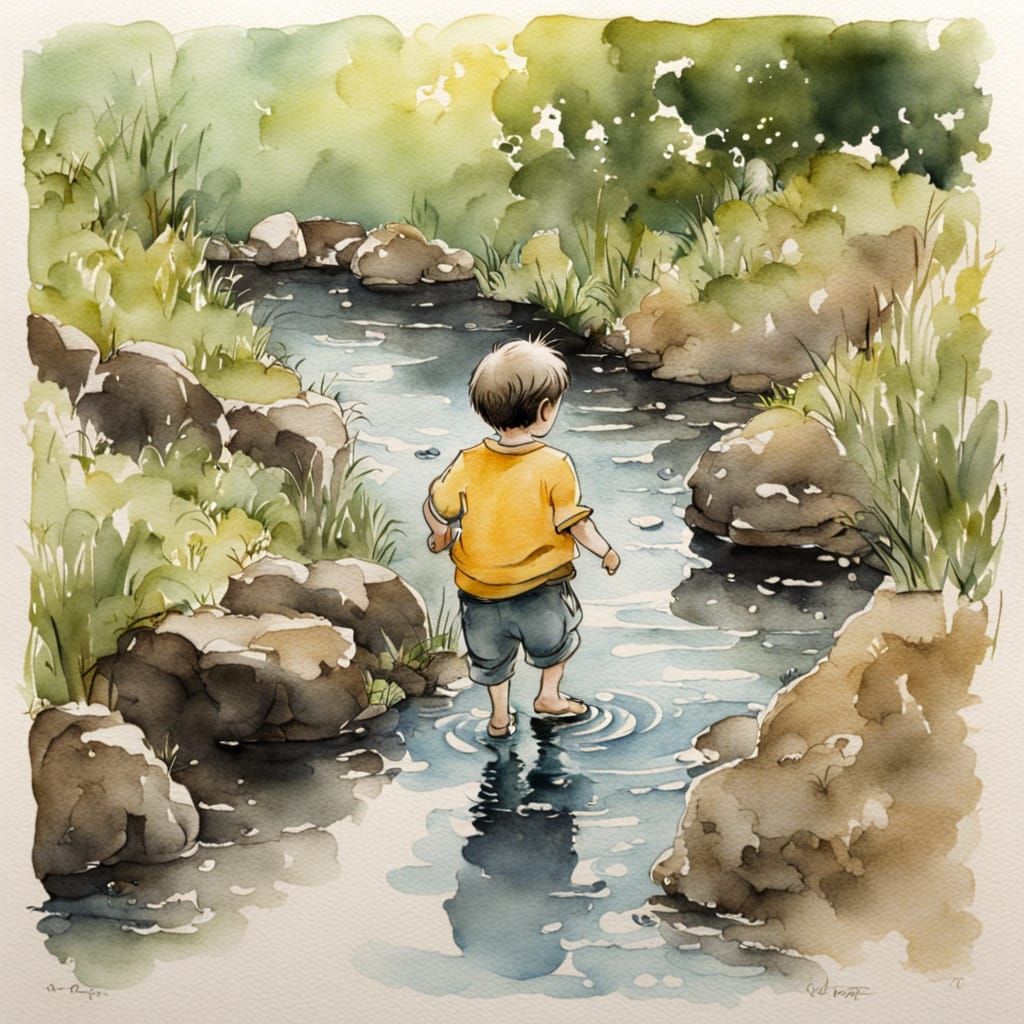 Child's Joyful Creekside Play
