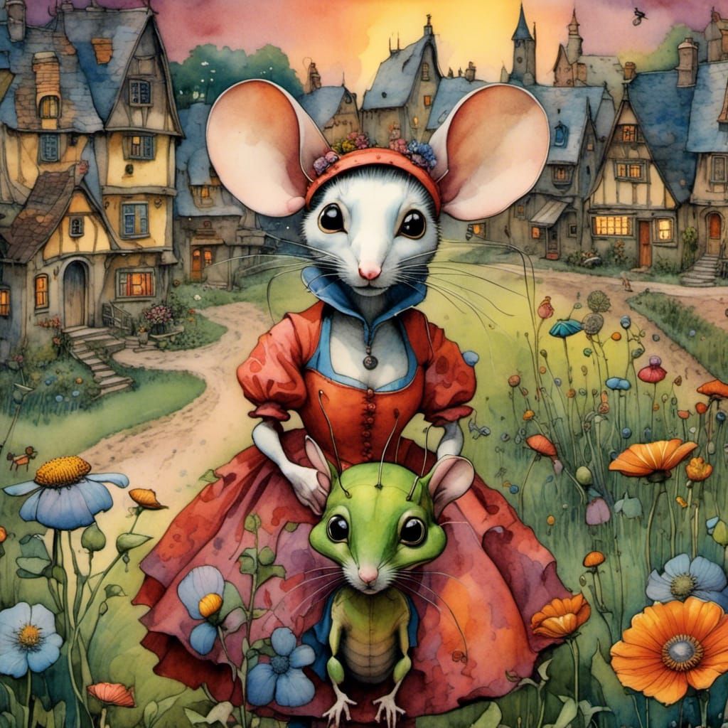 Lady Mouse Enchants Whimsical Village Night