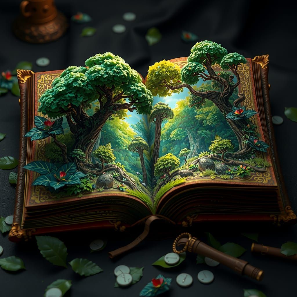 Vibrant Fantasy Forest Erupts from Ancient Leather-Bound Tom...