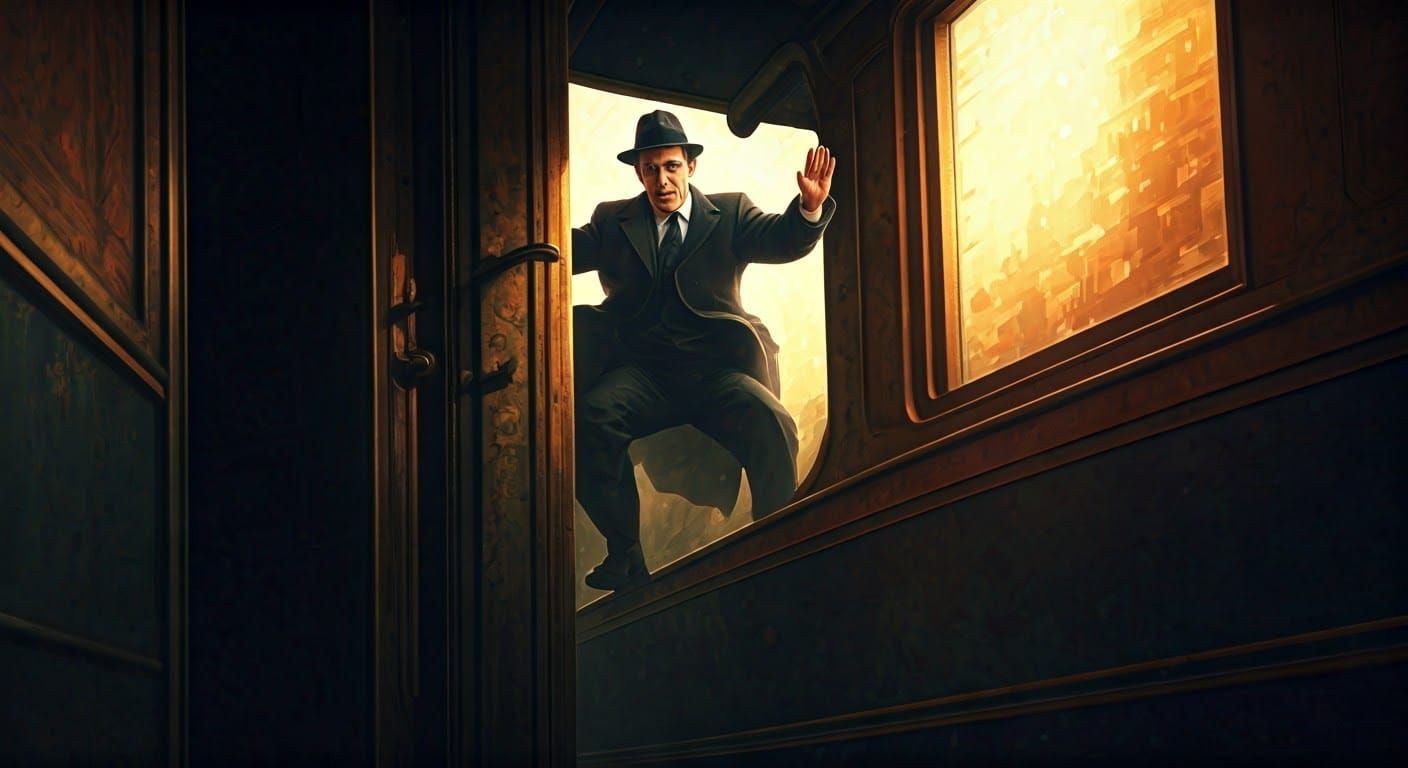 Private Detective Jumps from Train in Film Noir Style