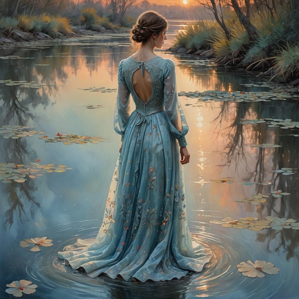 Woman in Moonlit River Scene in Impressionist Fantasy Style