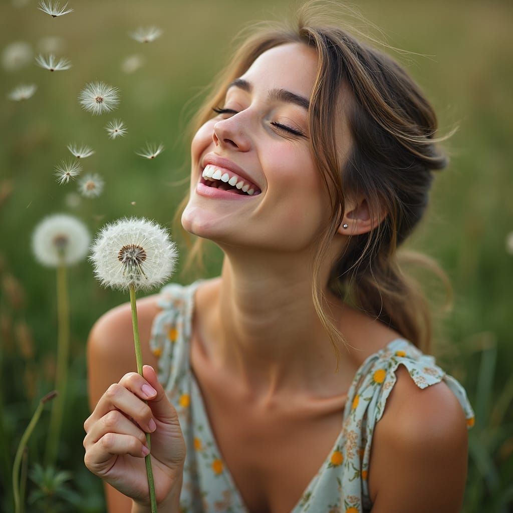 Ethereal Woman Blows Dandelion Seeds in Vibrant Hyperrealism