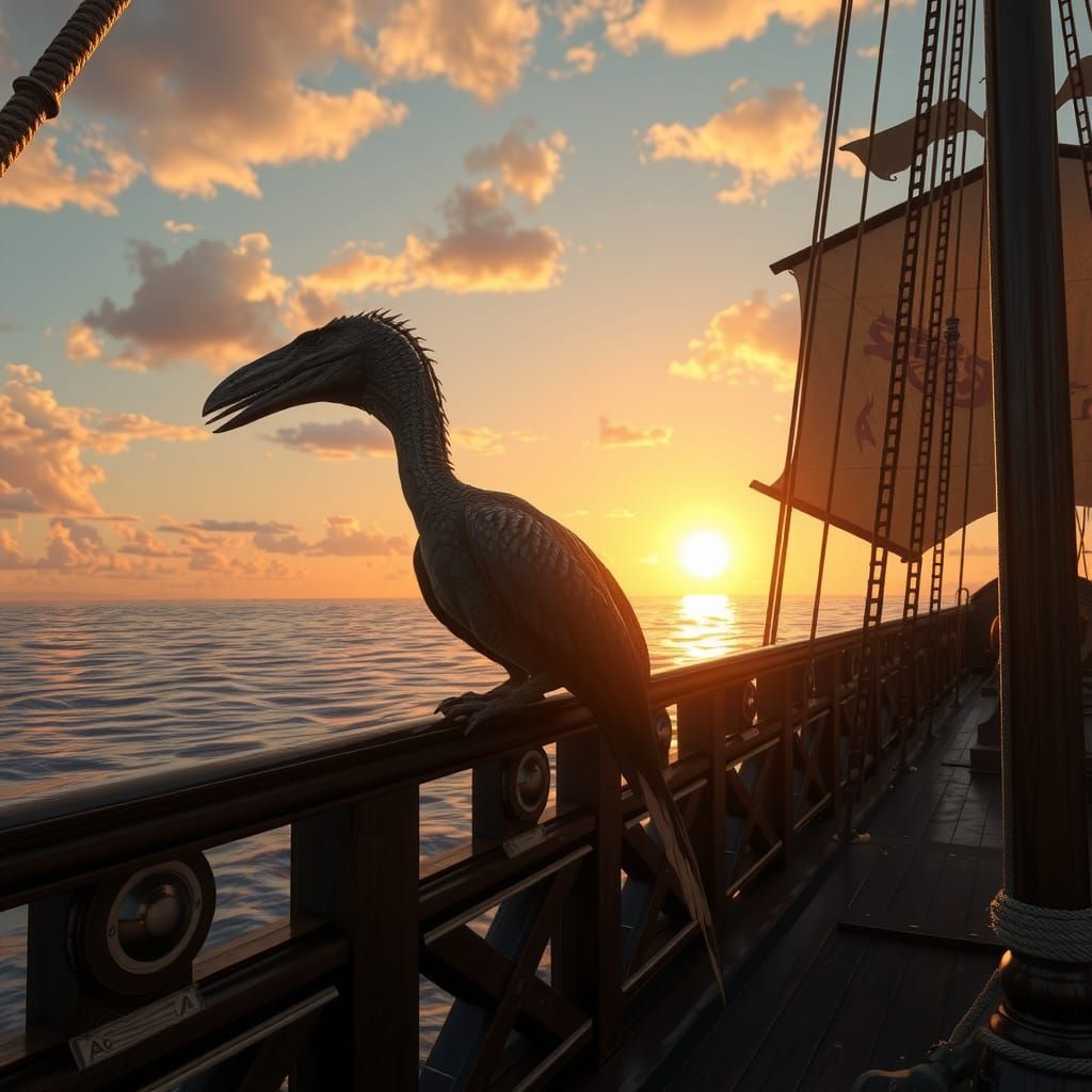 Pteranodon on Pirate Ship at Sunset