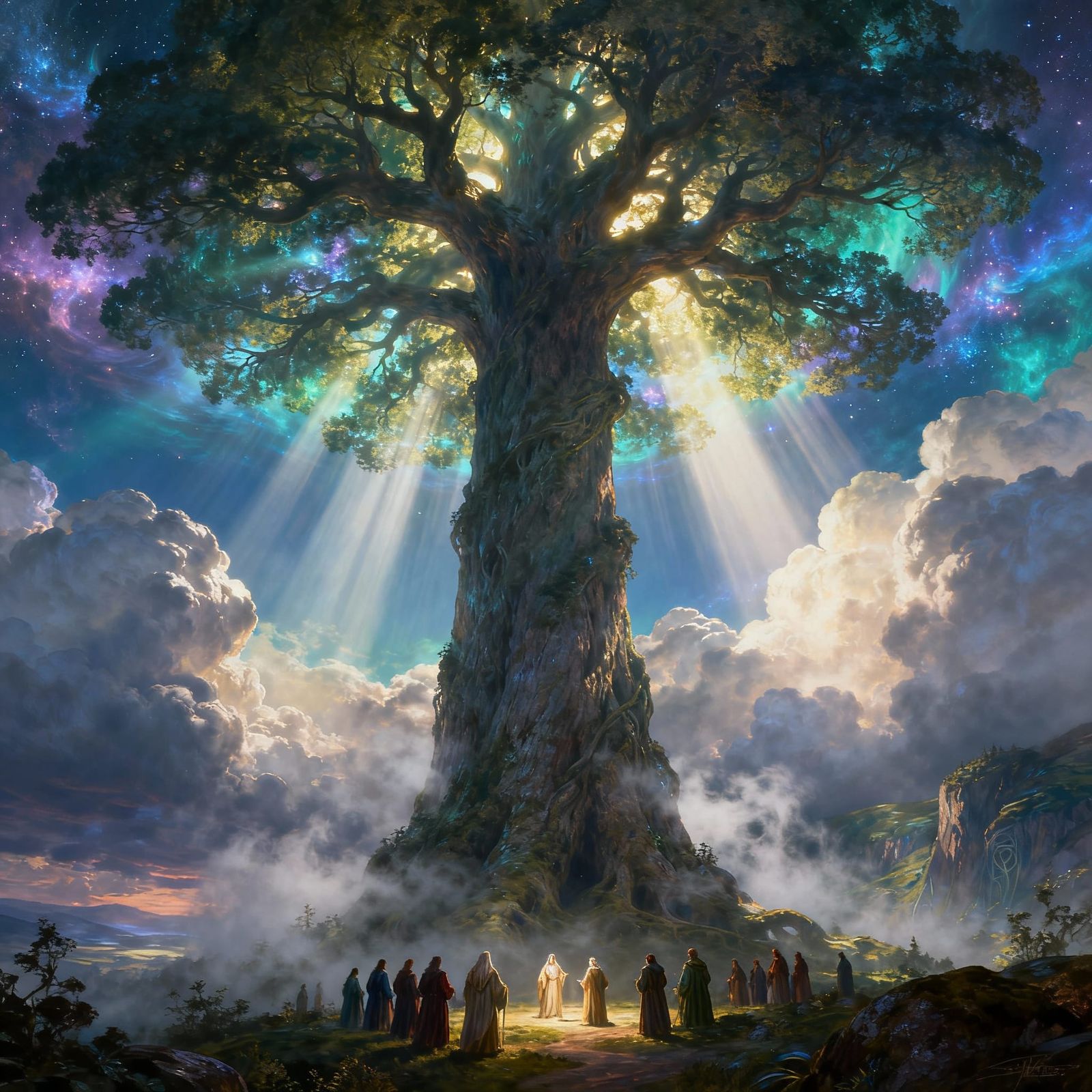 Mythic Yggdrasil Tree Reaches Above Clouds with Druids
