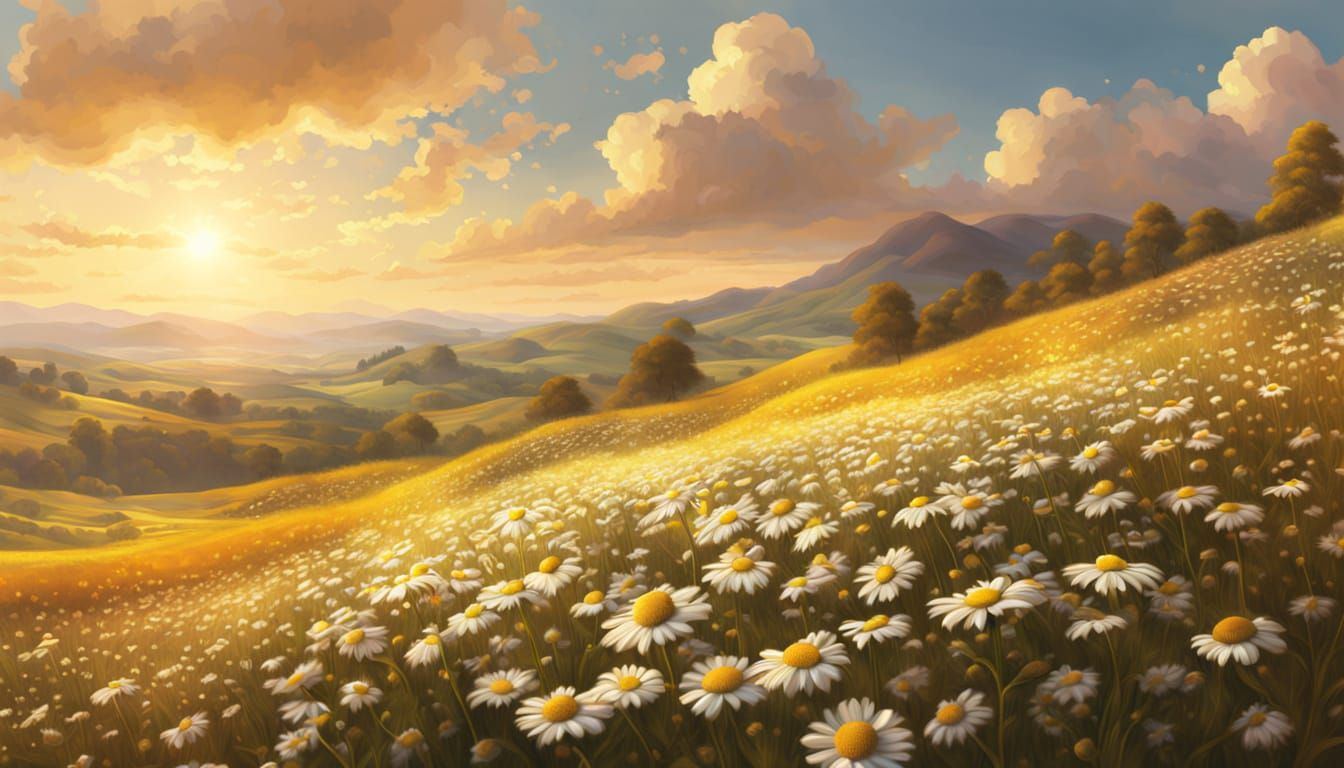 Chamomile Field at Sunset: Hyperrealistic Digital Painting