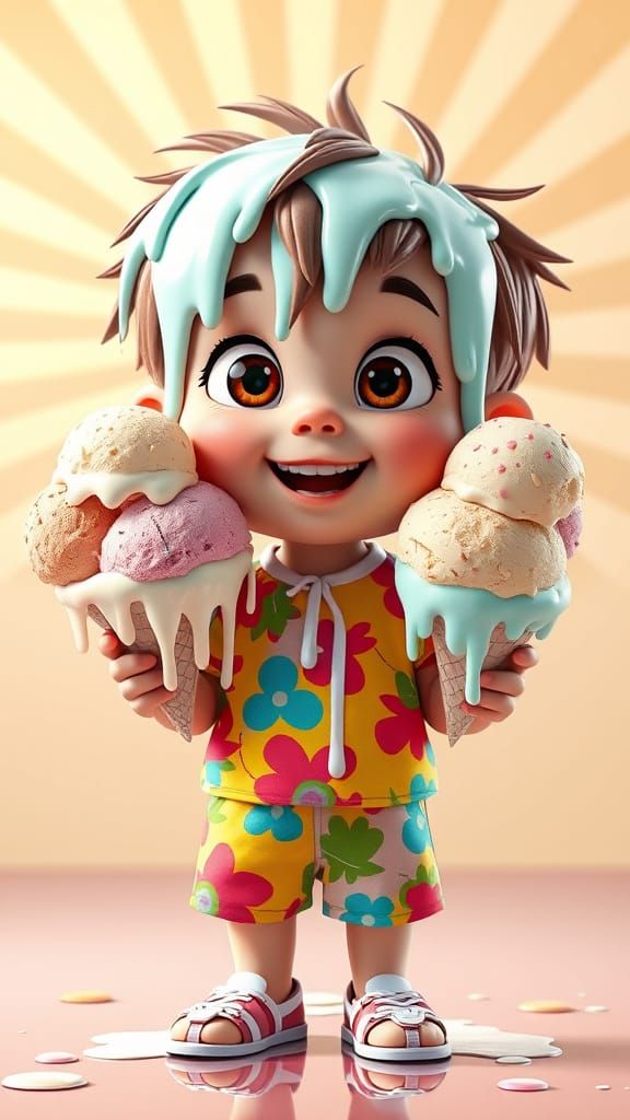 Cartoon Child's Melting Ice Cream Mishap in Pixar Style
