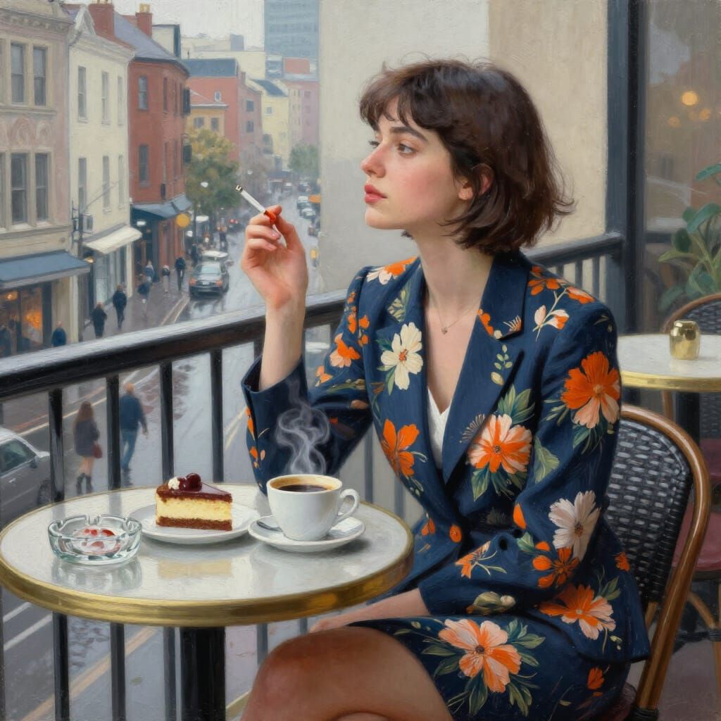Woman's Dreamy Cafe Break Amidst Urban Rush