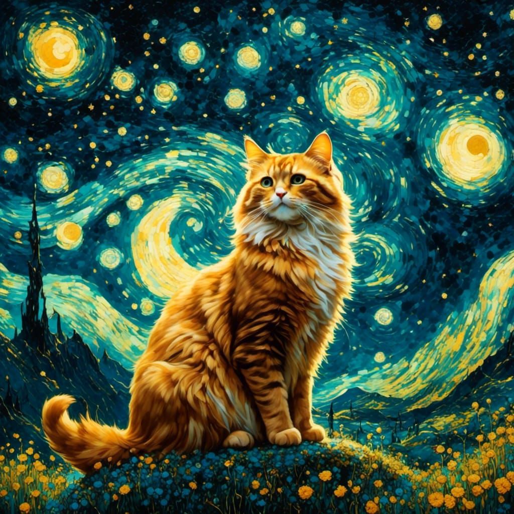 Astral Cat Illuminates Starry Night Sky in Vibrant Gold