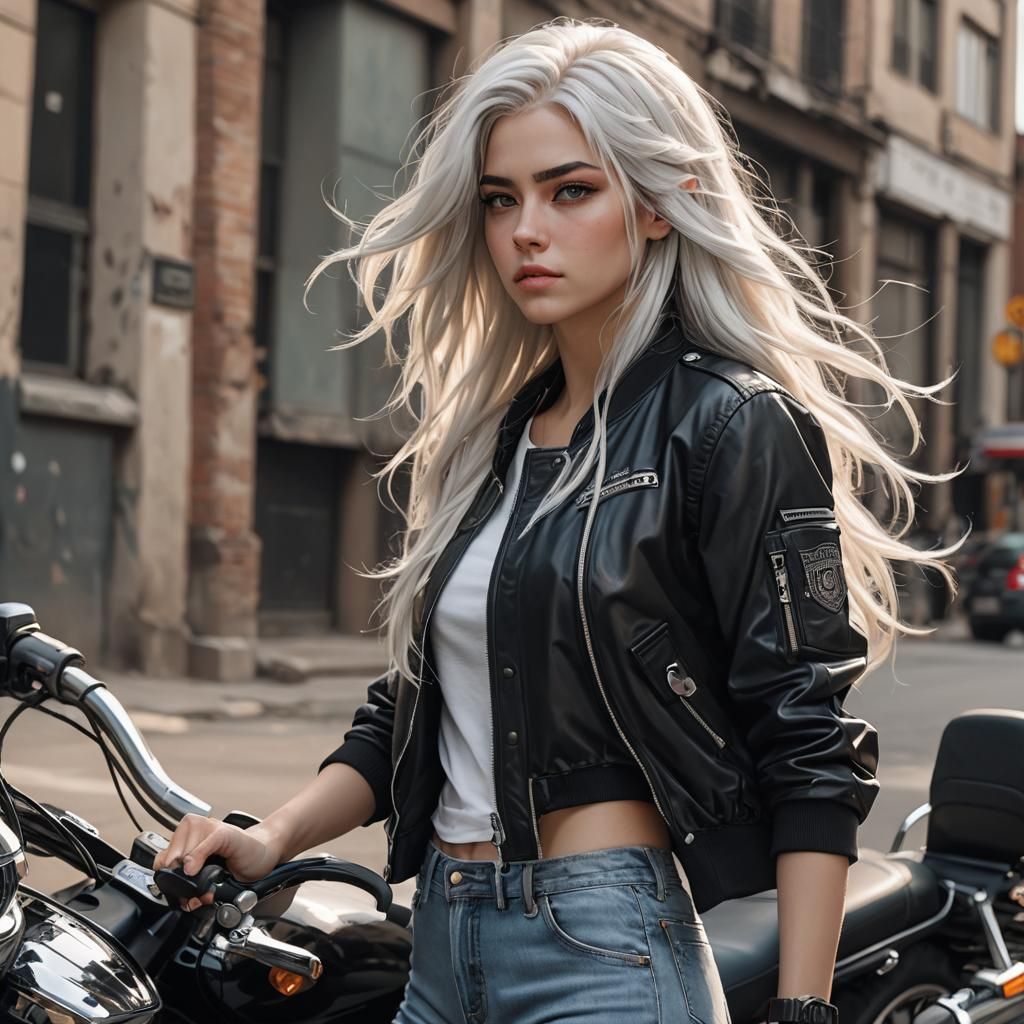 Stunning Young Woman in Modern Attire Against Cityscape