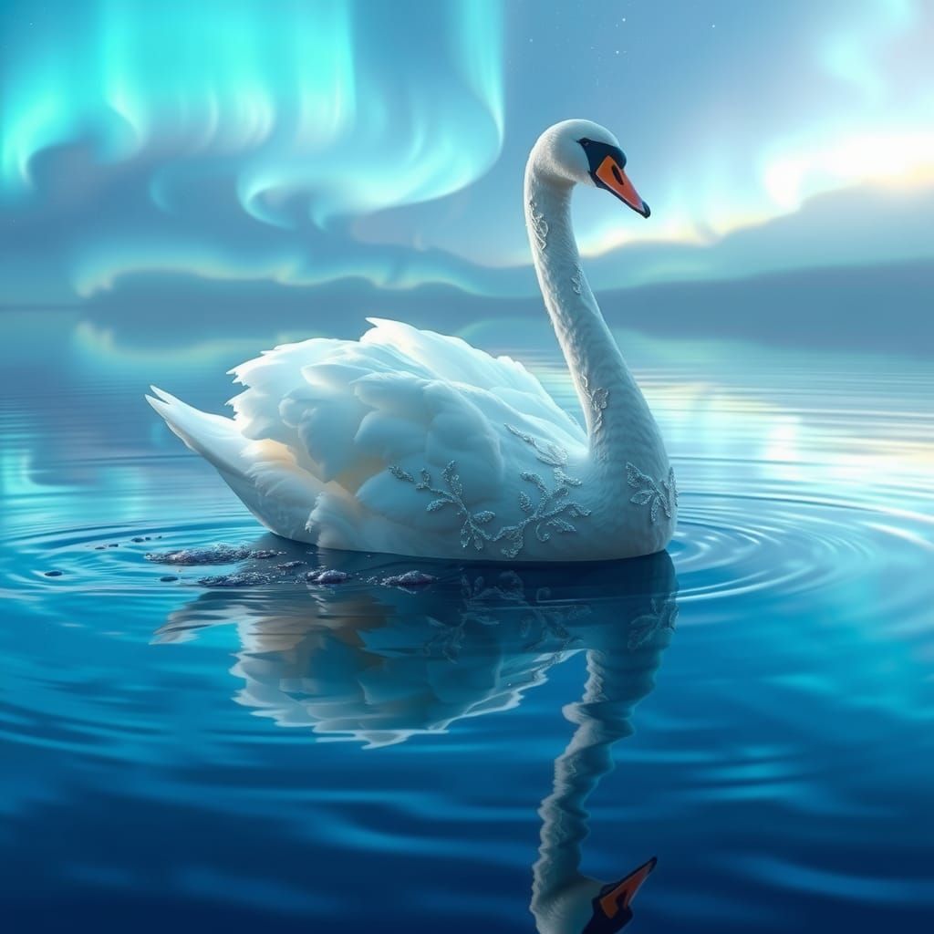 Ethereal Swan Princess Glides Across Crystal Sea with Aurora...