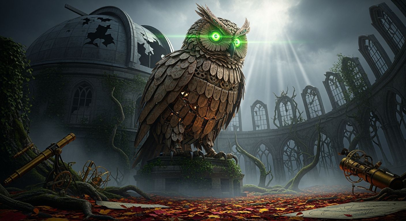 Colossal Mechanical Owl Over Victorian Observatory