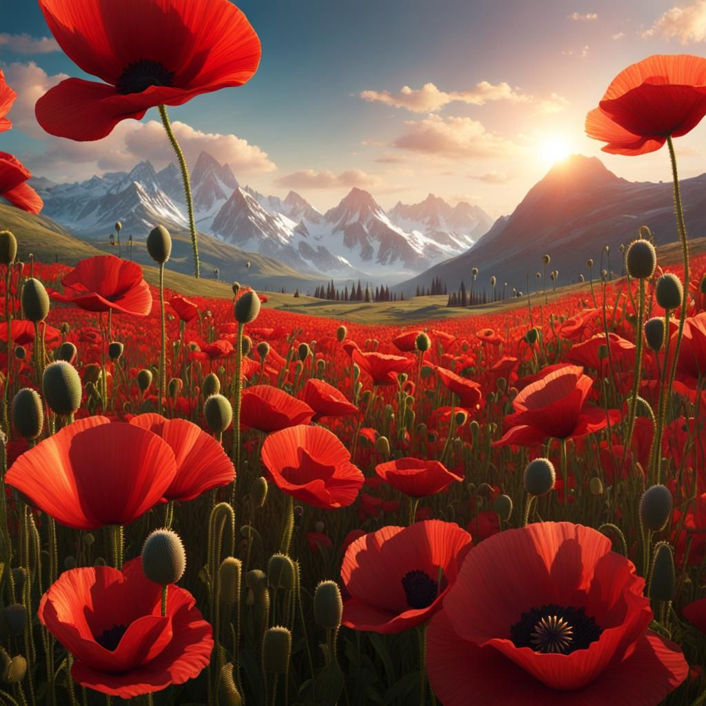 Surreal Poppy Meadow Unfolds Against Majestic Mountains in a...