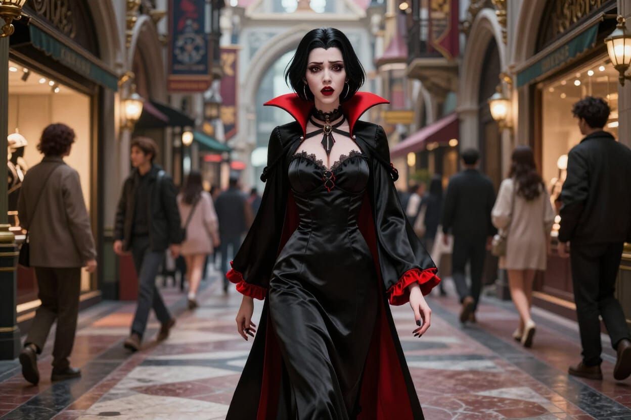 Vampire in Silk Dress People-Watching in Gothic Arcade