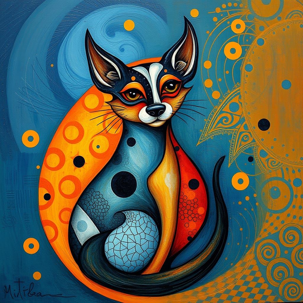 Vibrant Miro-Inspired Creature with Canine and Feline Featur...