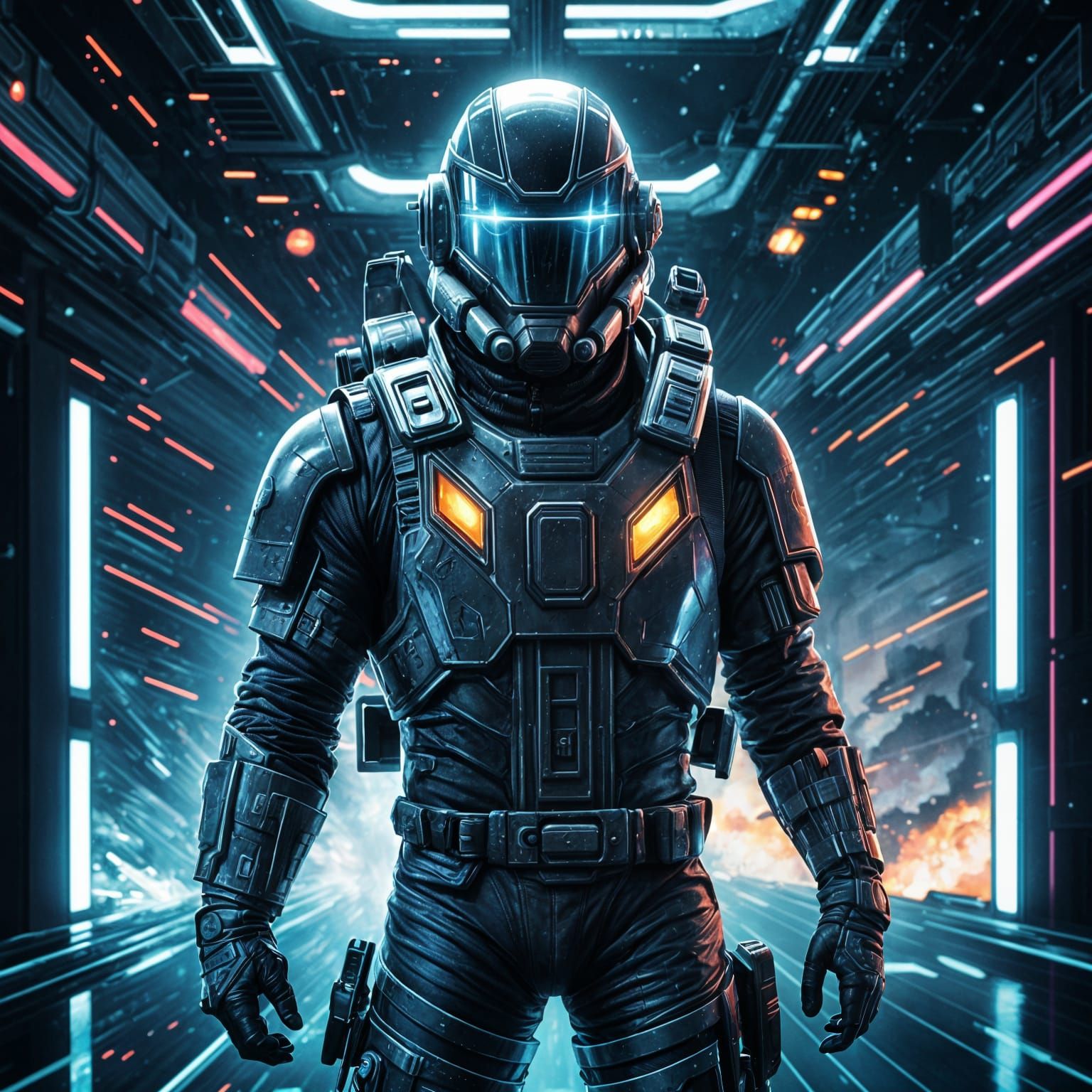 Futuristic Soldier Flies Through Space in Comic Book Style