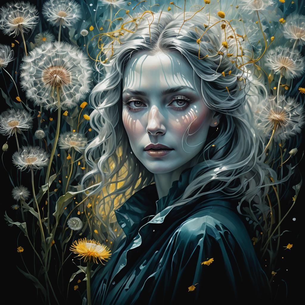 Surreal Goddess in Ethereal Dandelion Landscape