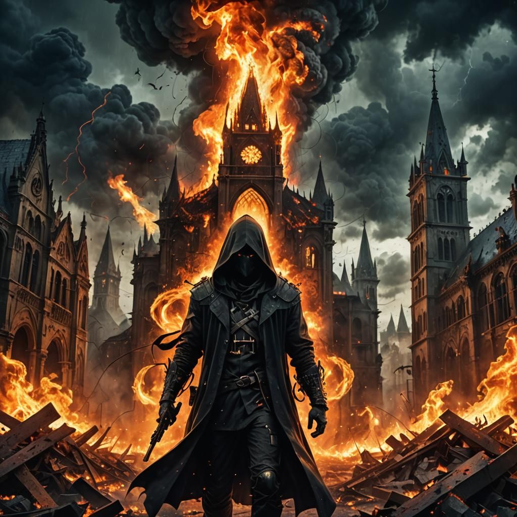 Dark Fantasy Scene with a Hooded Figure Amidst Burning City....