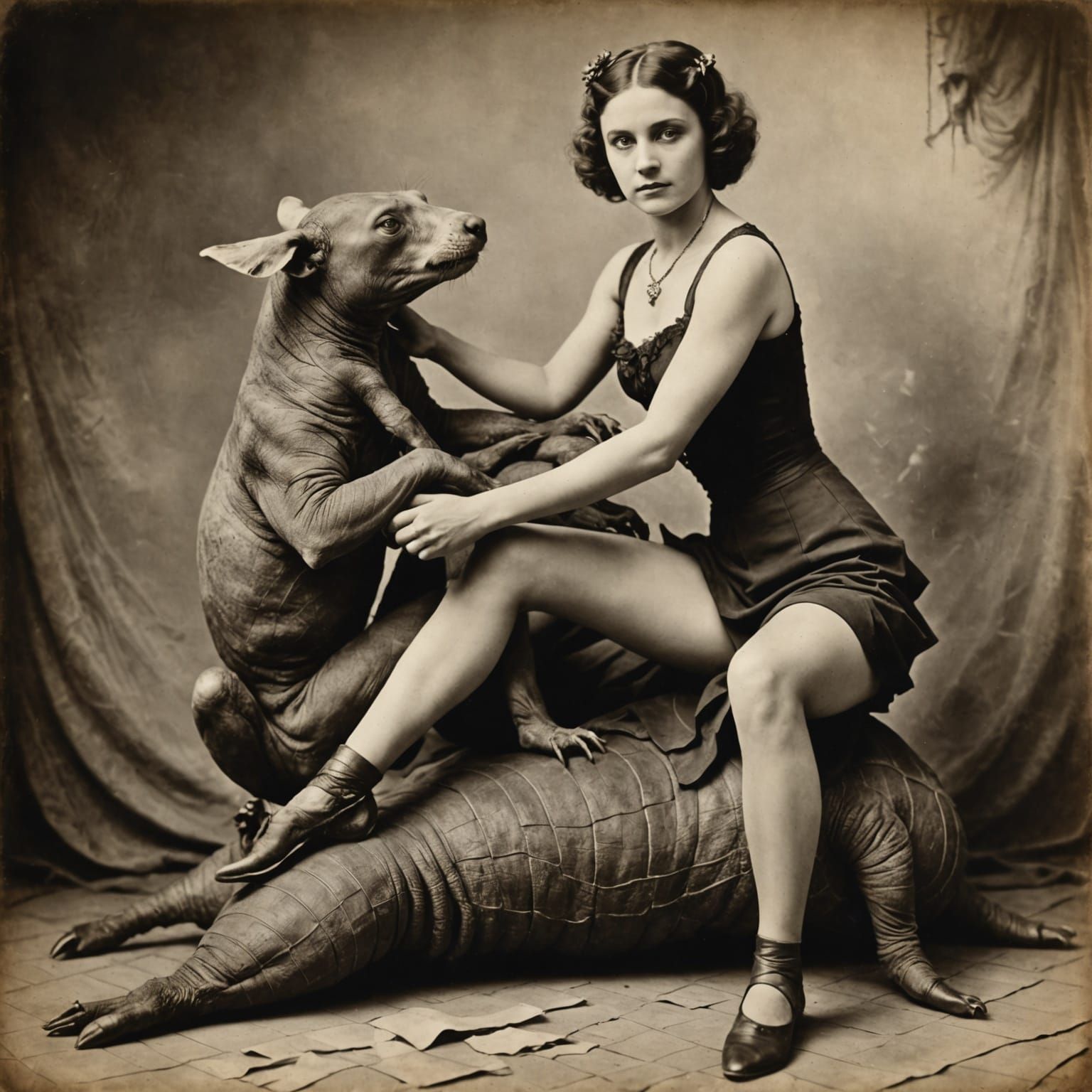 Sepia Contortionist Charcoal Drawing with Animal