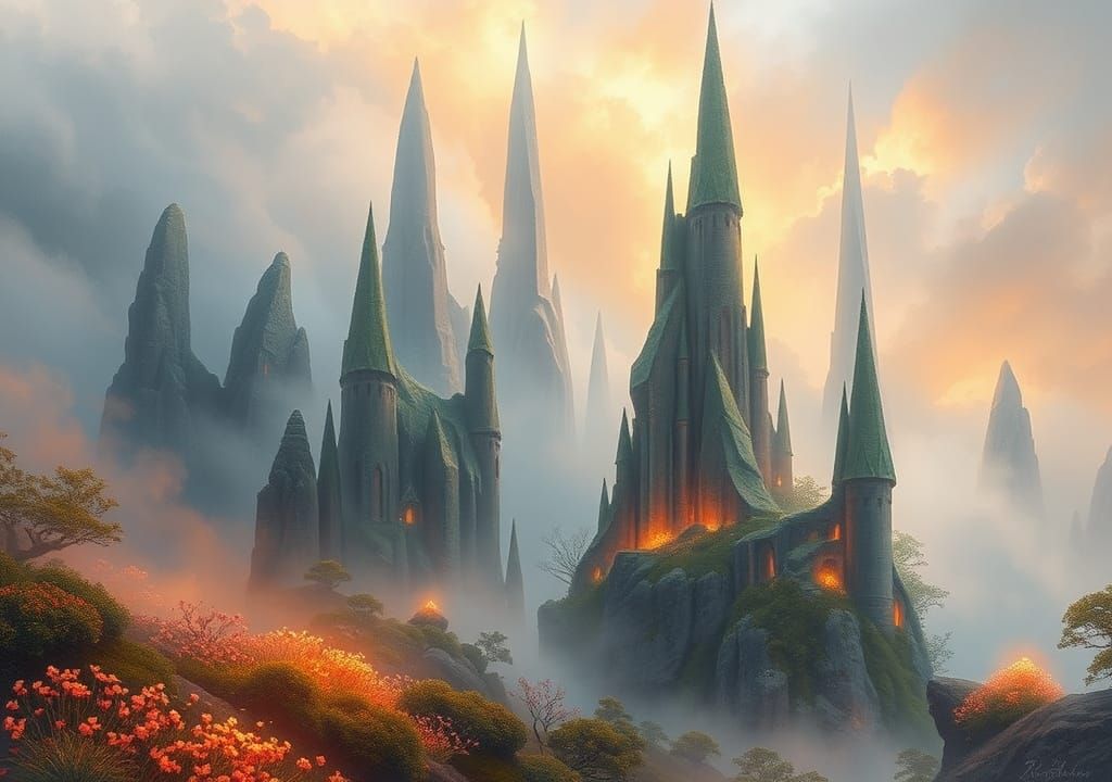 Ethereal Fantasy Realm with Towering Spires and Luminous Flo...