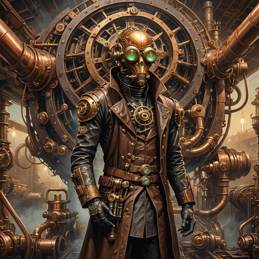 Steampunk Alien Standing Before a Massive Engine