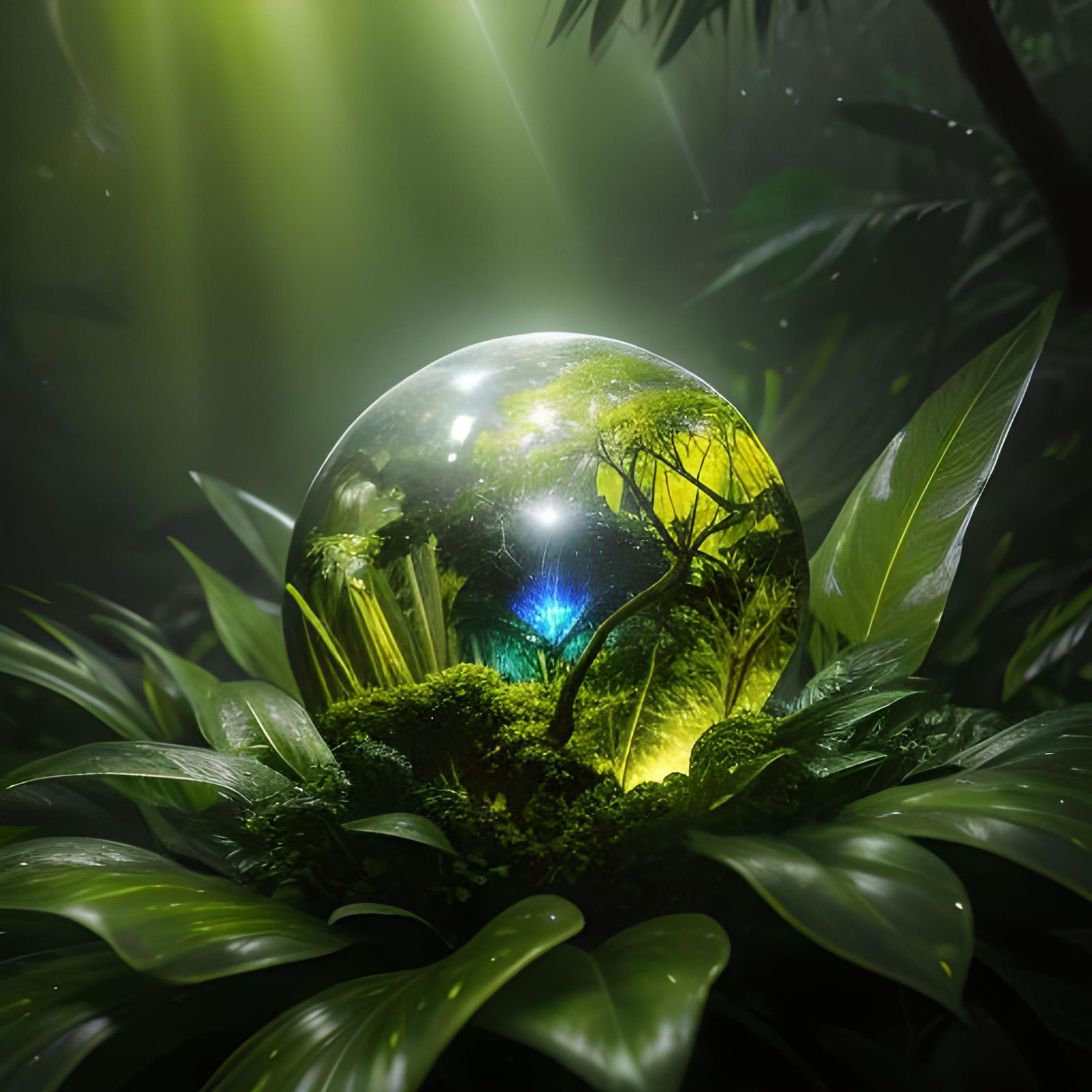 Luminous Thunderstorm Crystal Orb in Rainforest