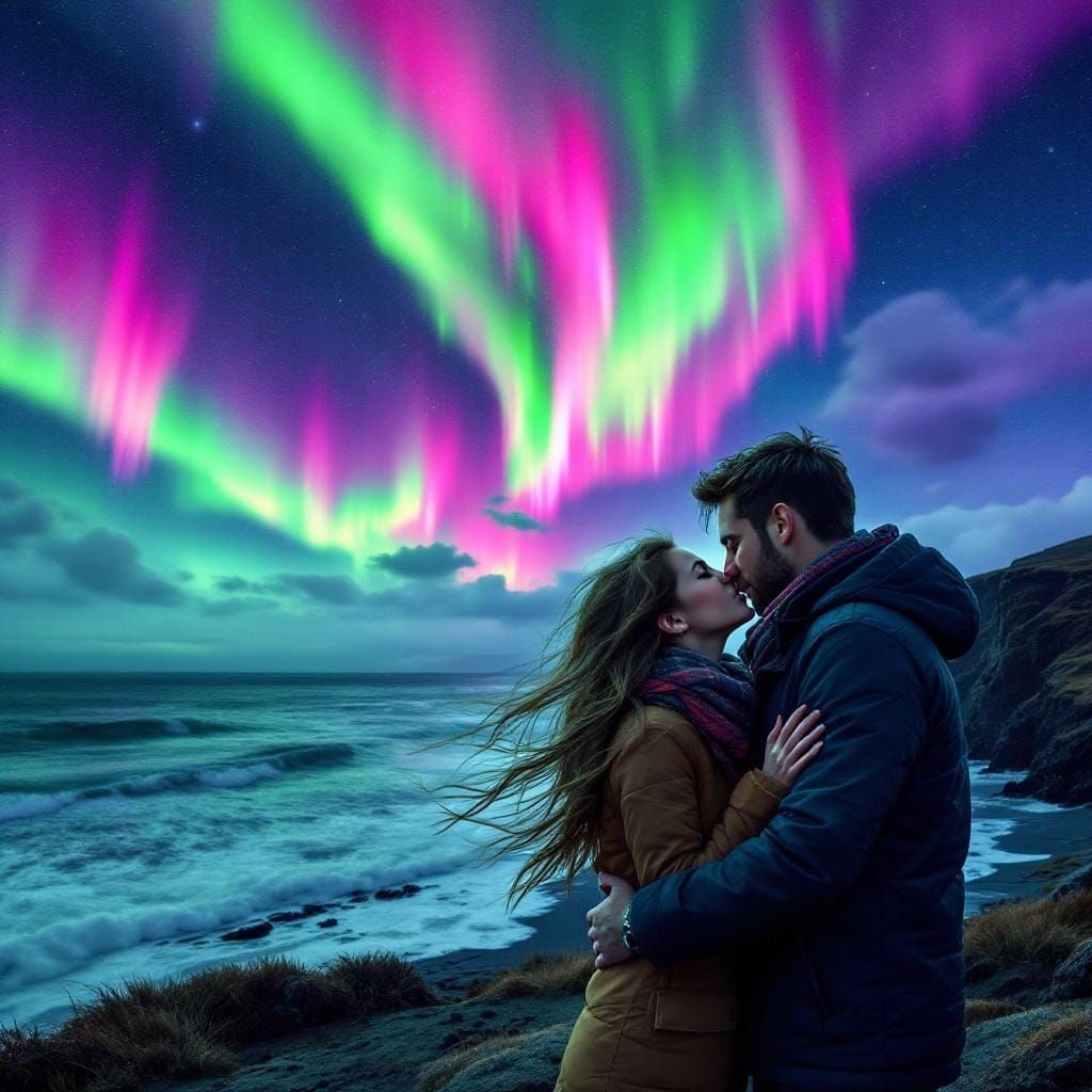 Kiss Under Northern Lights: Graffiti Art Style