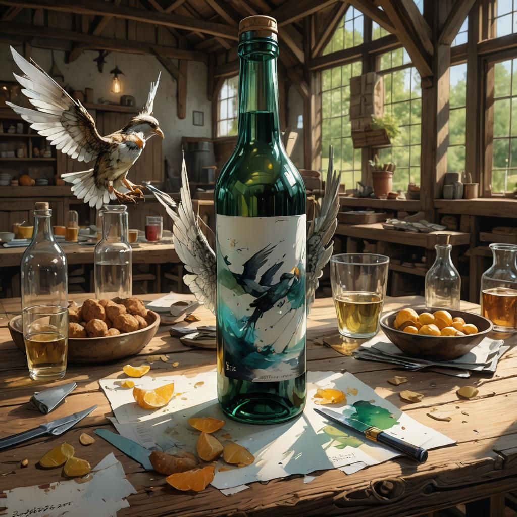 Surreal Bottle Winged Still Life in Vibrant Watercolors