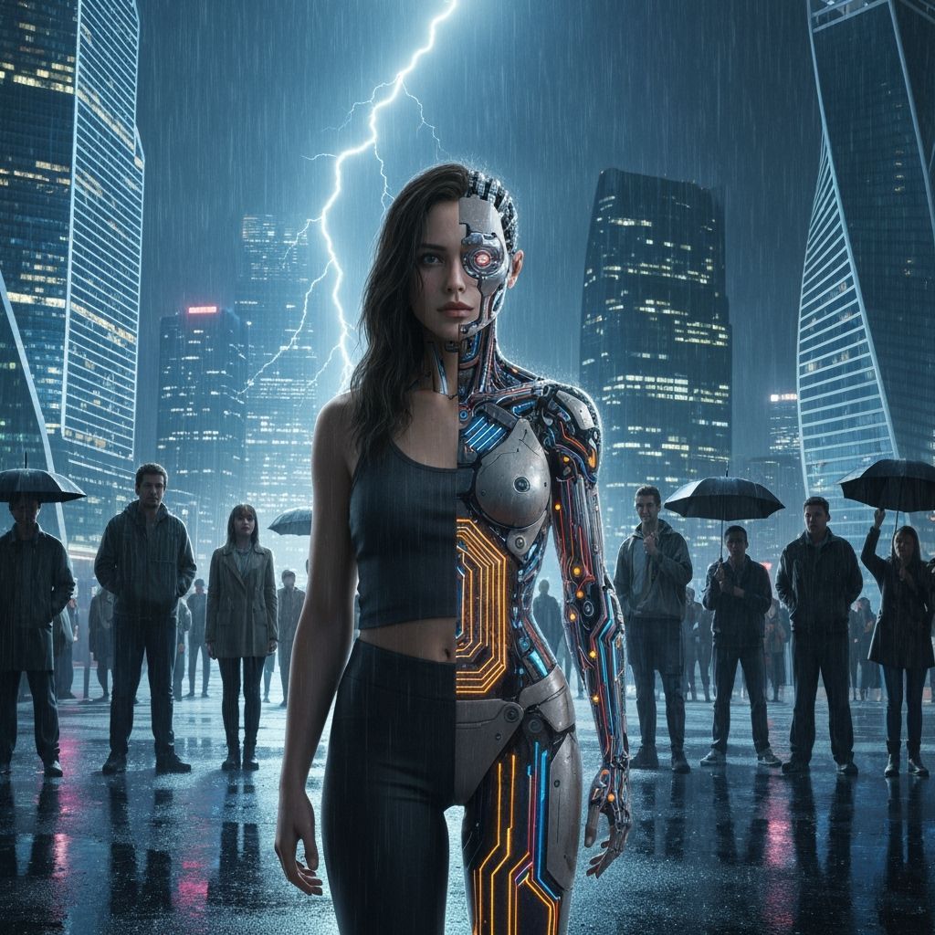 Cyberpunk Android in Moscow City Rain