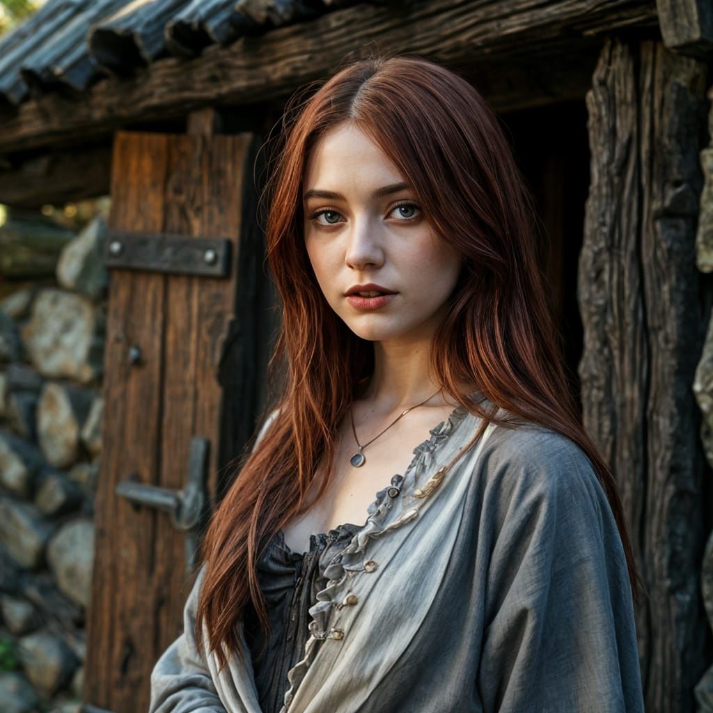 Effortless Barmaid in Tattered Robe in Front of a Wood Hut