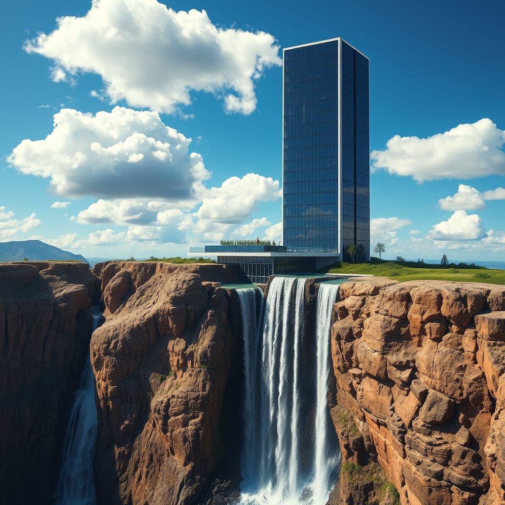 Futuristic Skyscraper with Waterfall, Architectural Marvel
