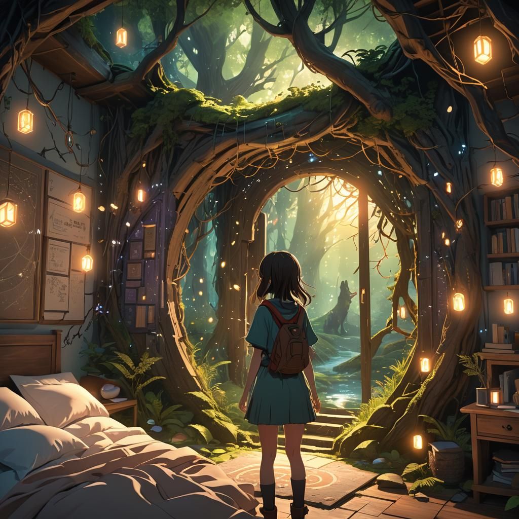 Girl Plays in Bedroom with Magical Portal to Mythical Forest