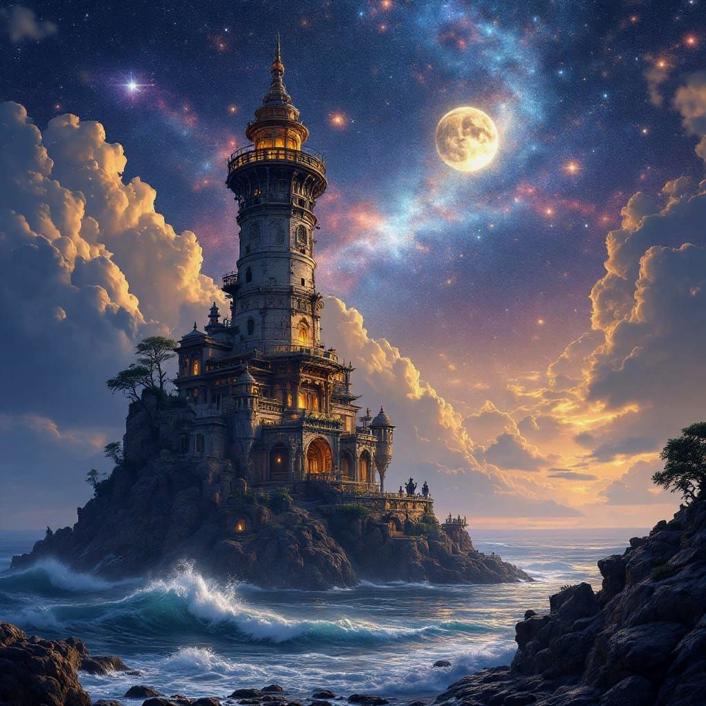 Epic Surrealist Masterpiece: Lighthouse in Midnight Sky