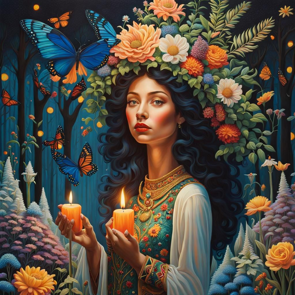 Surrealist Sunset Goddess in Enchanted Forest Scene