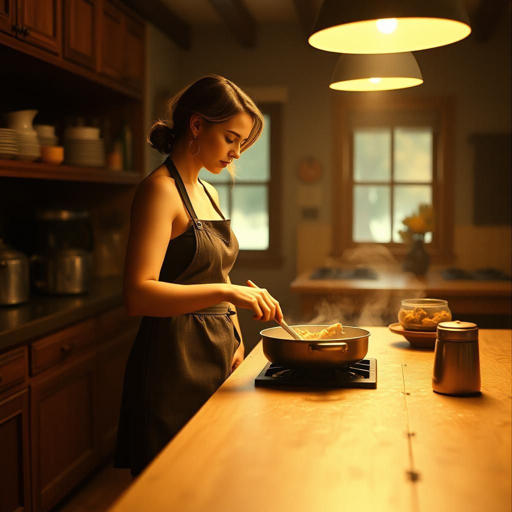 Golden Hour Cooking Scene in Vintage Cinematic Style