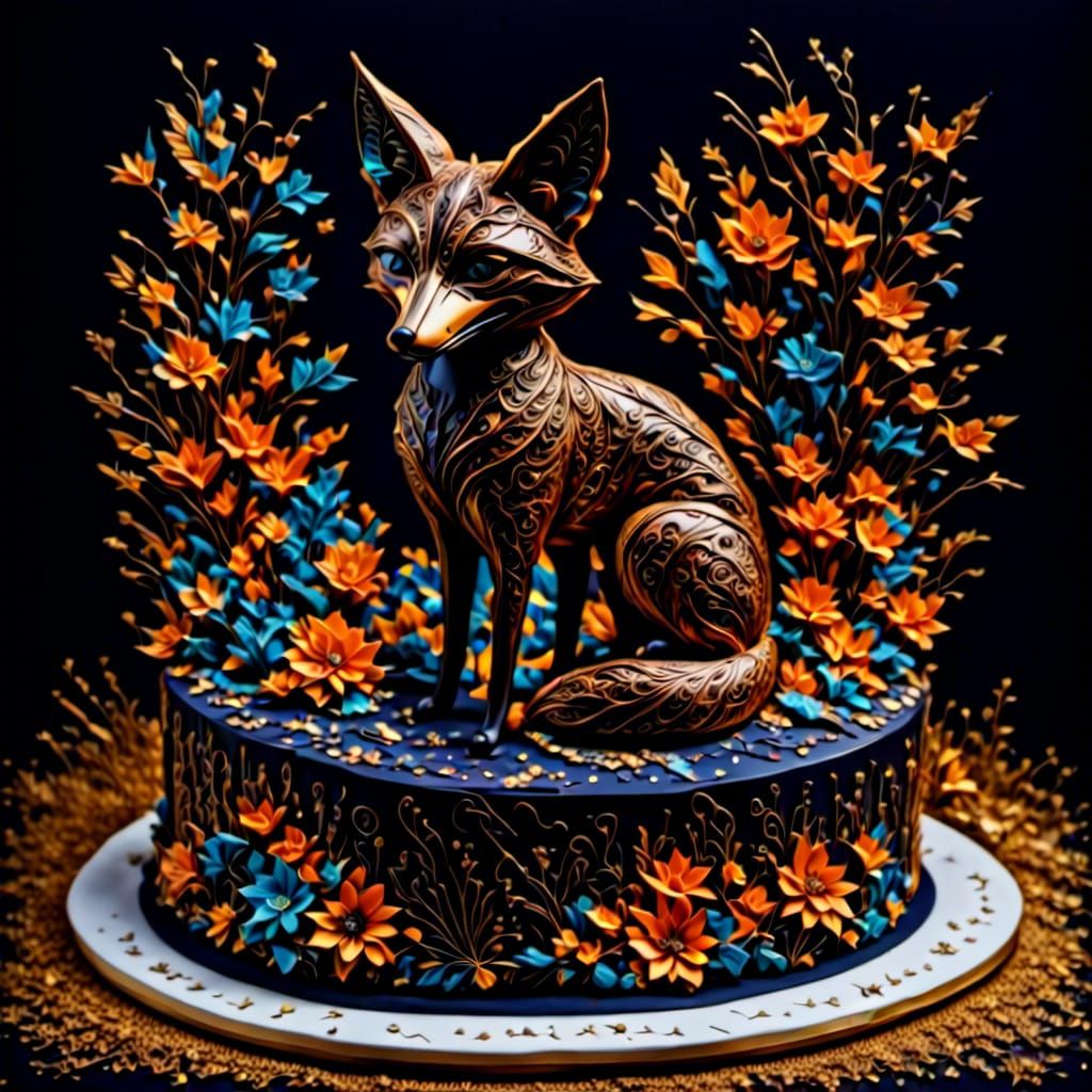 Surreal Cake Masterpiece with Origami Fox in Cosmic Icing