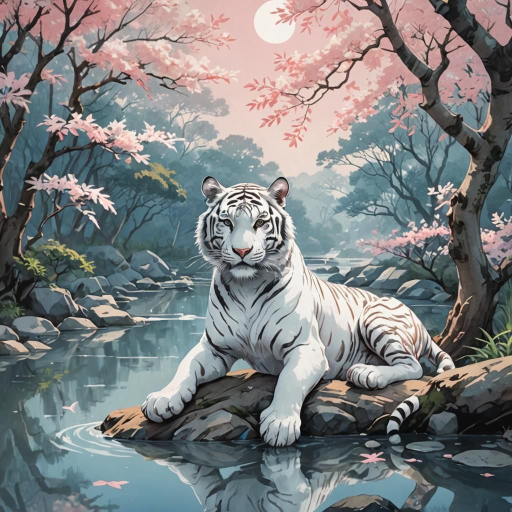 White bengle tiger Ukiyo-e inspired 3d anime art. Medium sho...