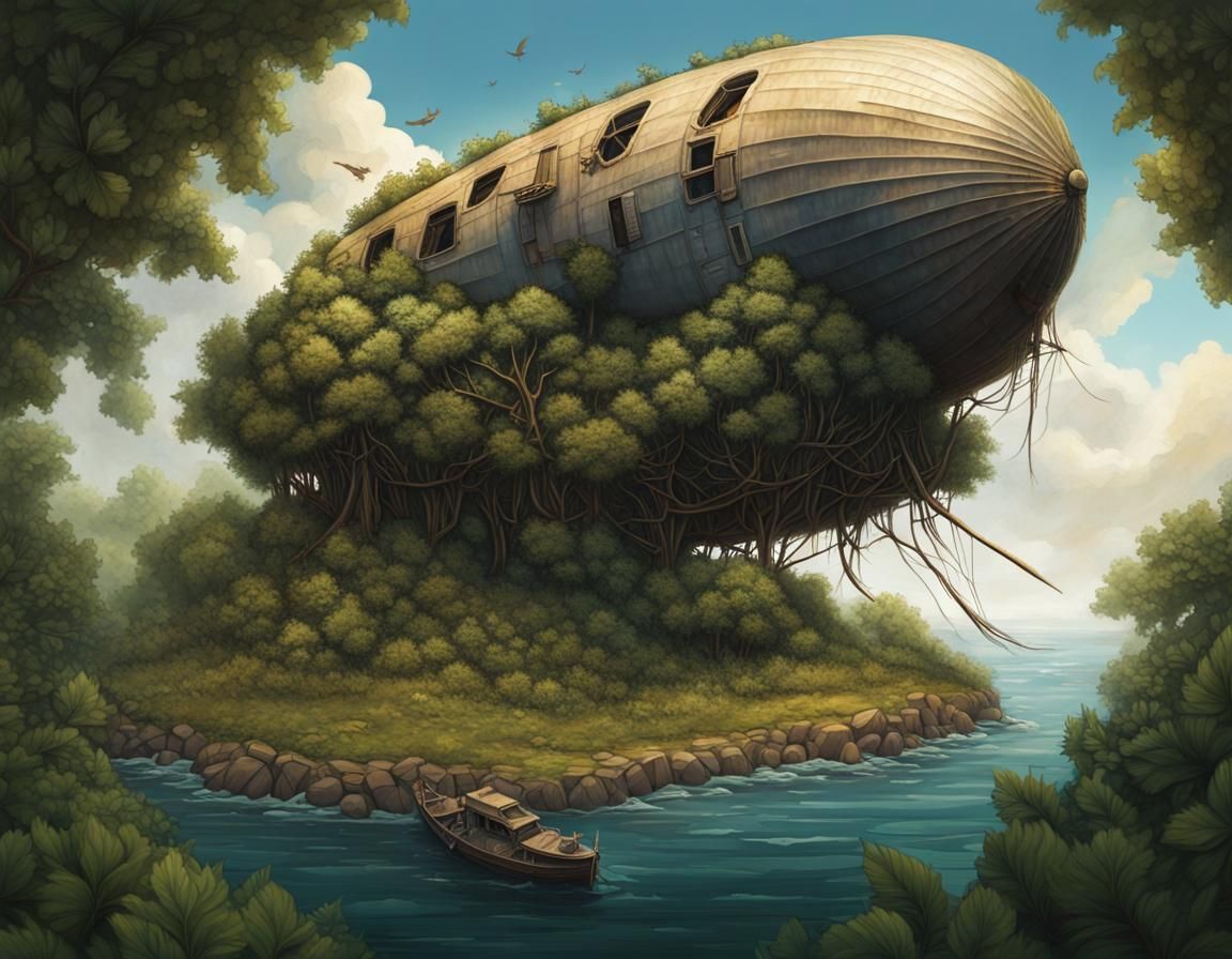 Crashed zeppelin on an overgrown island