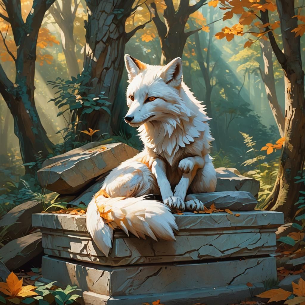 Surreal White Fox in Sunlit Forest Glade
