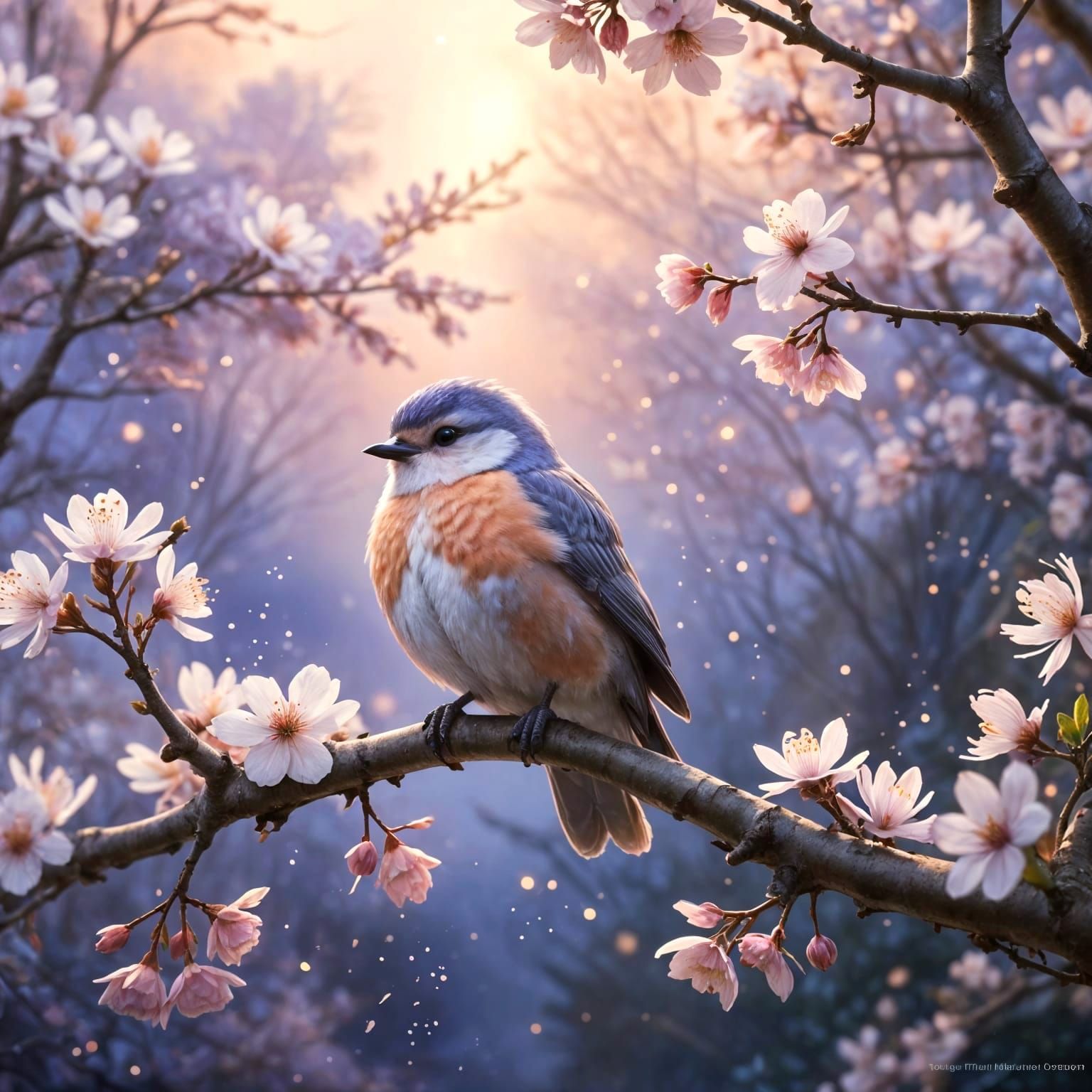 Bird on Cherry Blossom Branch: Ghibli-Style Painting