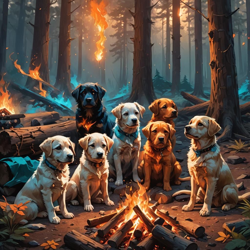 Fantasy Forest Campfire Scene with Puppies in Vibrant, Hyper...