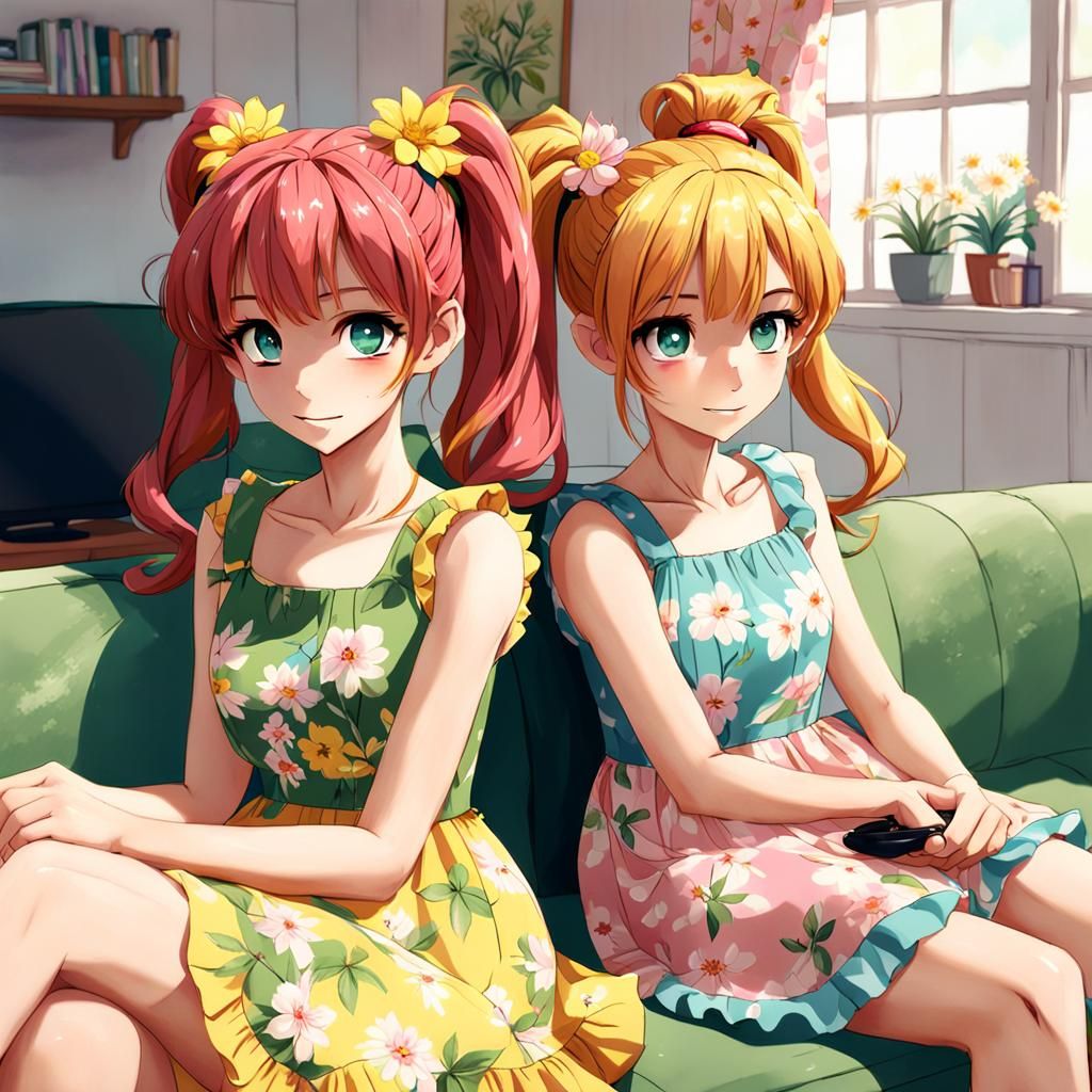 Two Teenage Girls Watching TV in Vibrant Anime Style
