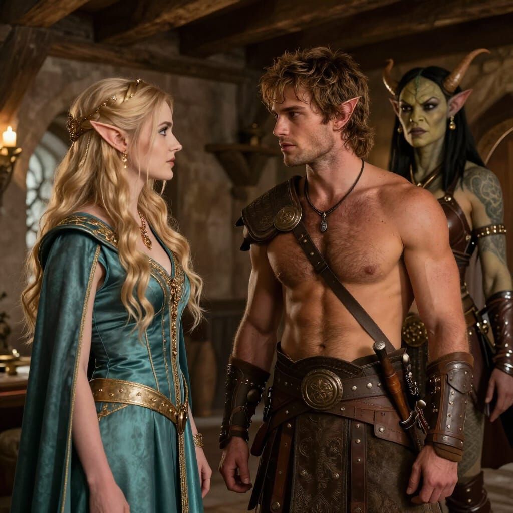 Rugged Warrior Gazes at Elf and Orc in Cozy Inn