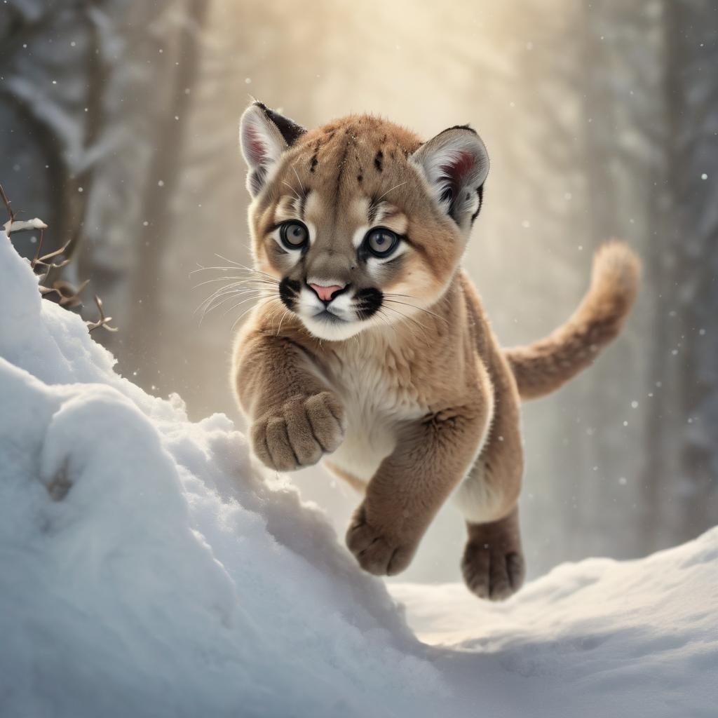Surreal Puma Cub Leaps Through Snowy Landscape in Digital Pa...