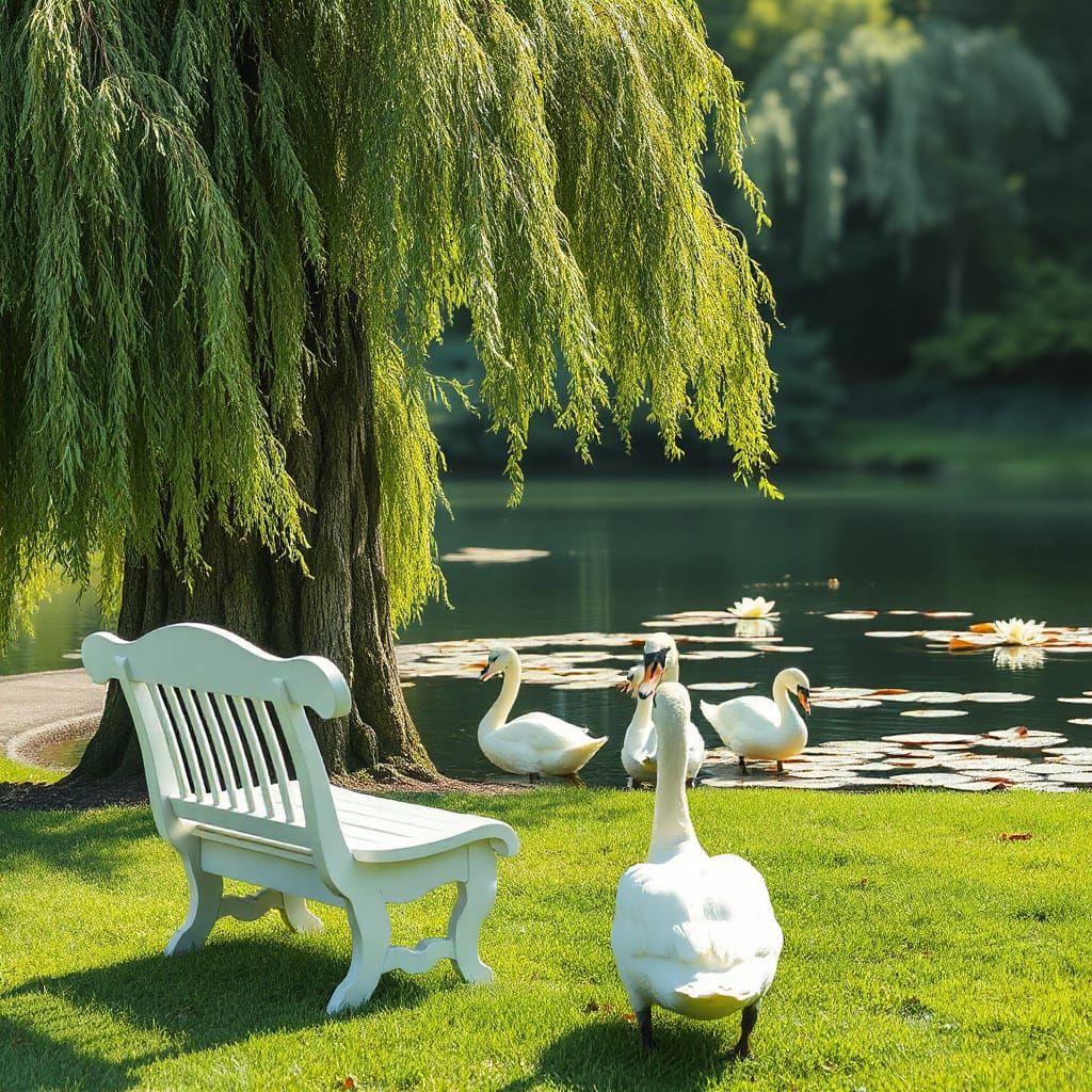Surreal Landscape with White Bench and Majestic Water Scene